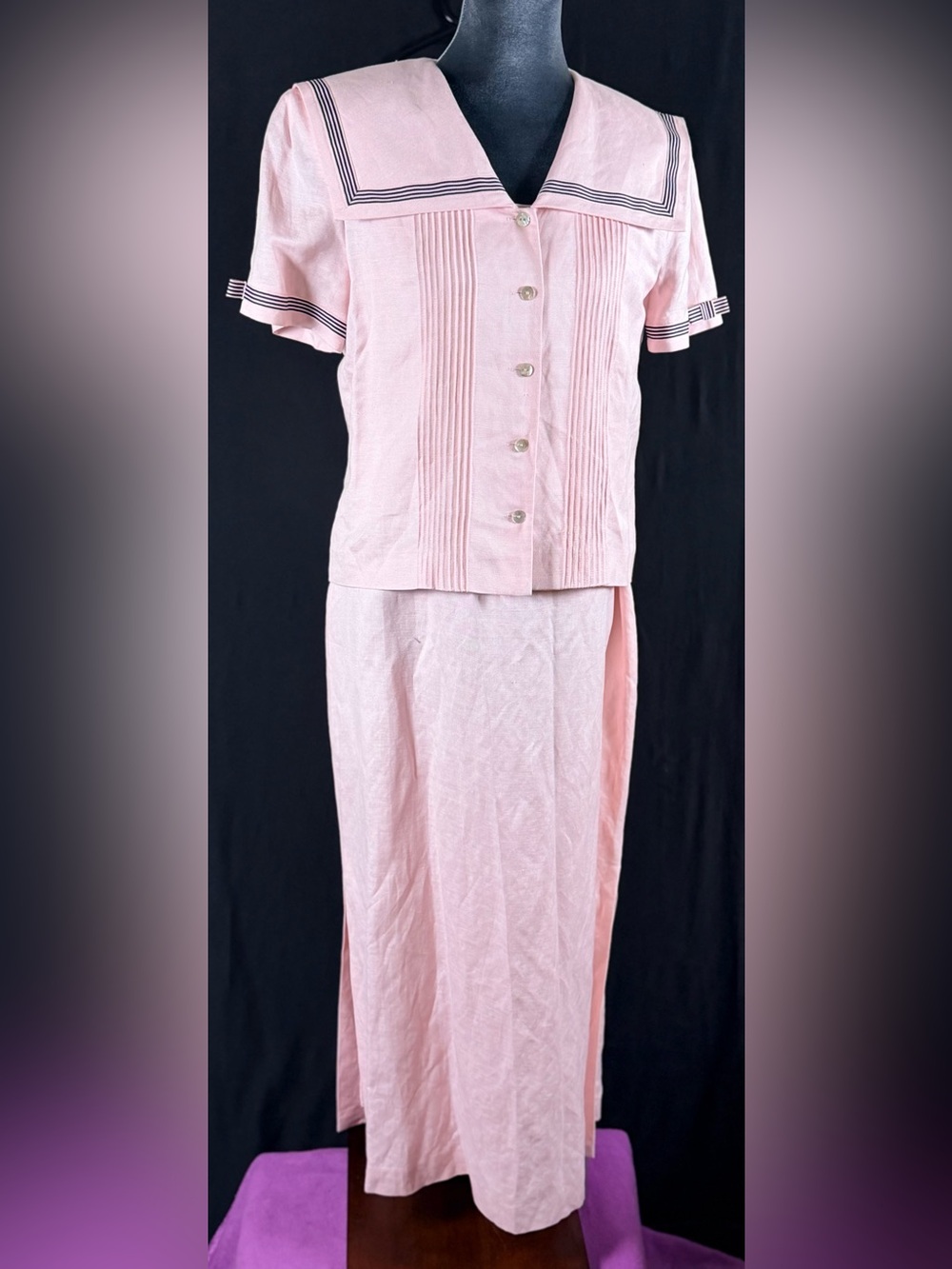 Jessica Howard Women's Pink Two-Piece Linen Sailor Dress Shell Buttons Coquette